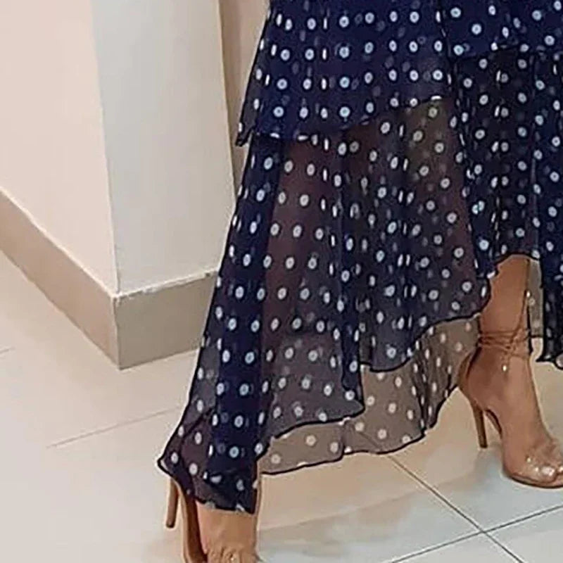 Women’s Navy Blue Polka Dot Wrap Maxi Dress | Long Sleeve High Low Chiffon Dress for Weddings, Brunch, Vacation & Special Occasions