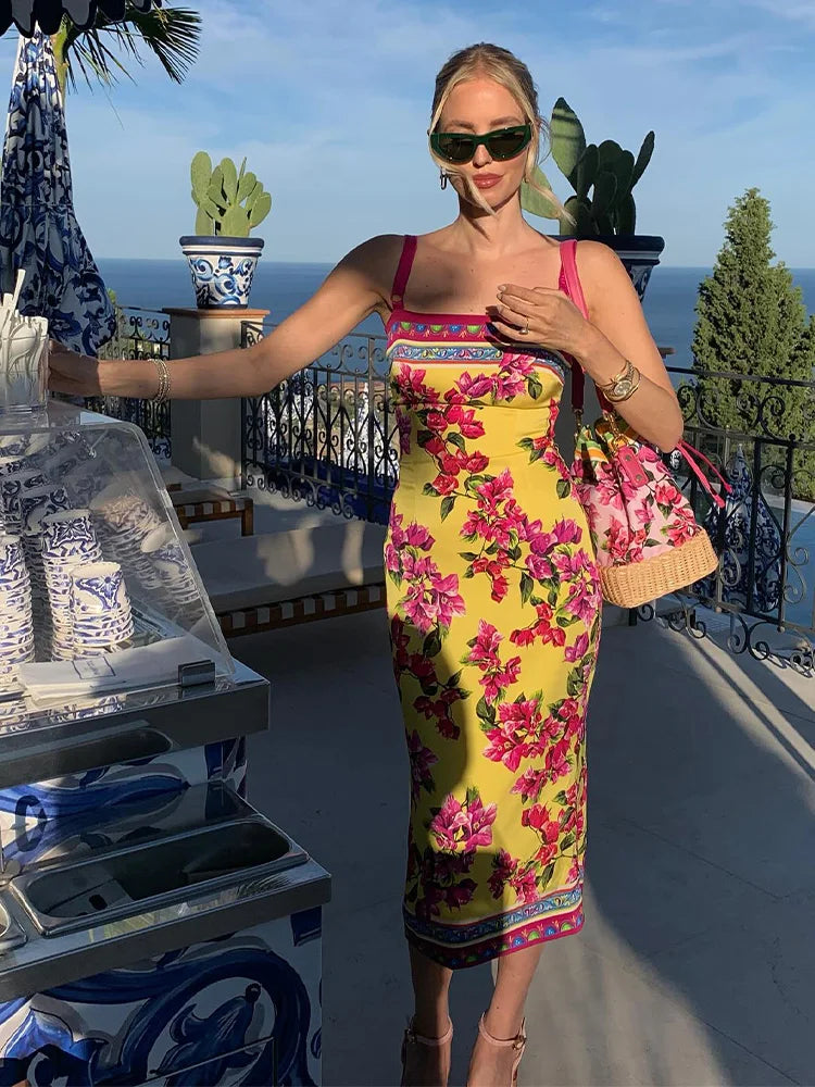 Yellow Floral Midi Dress Women | Summer Bodycon Sundress