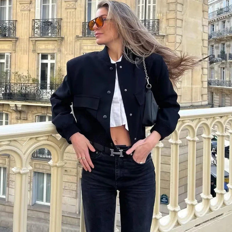 Women’s Minimalist Cropped Bomber Jacket | Elegant Casual Zip-Up Coat