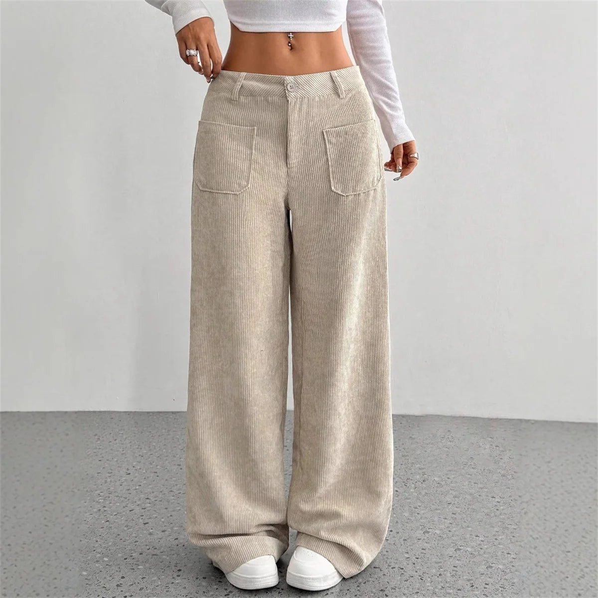 Women High Waist Corduroy Wide Leg Pants Casual Relaxed Fit Trousers