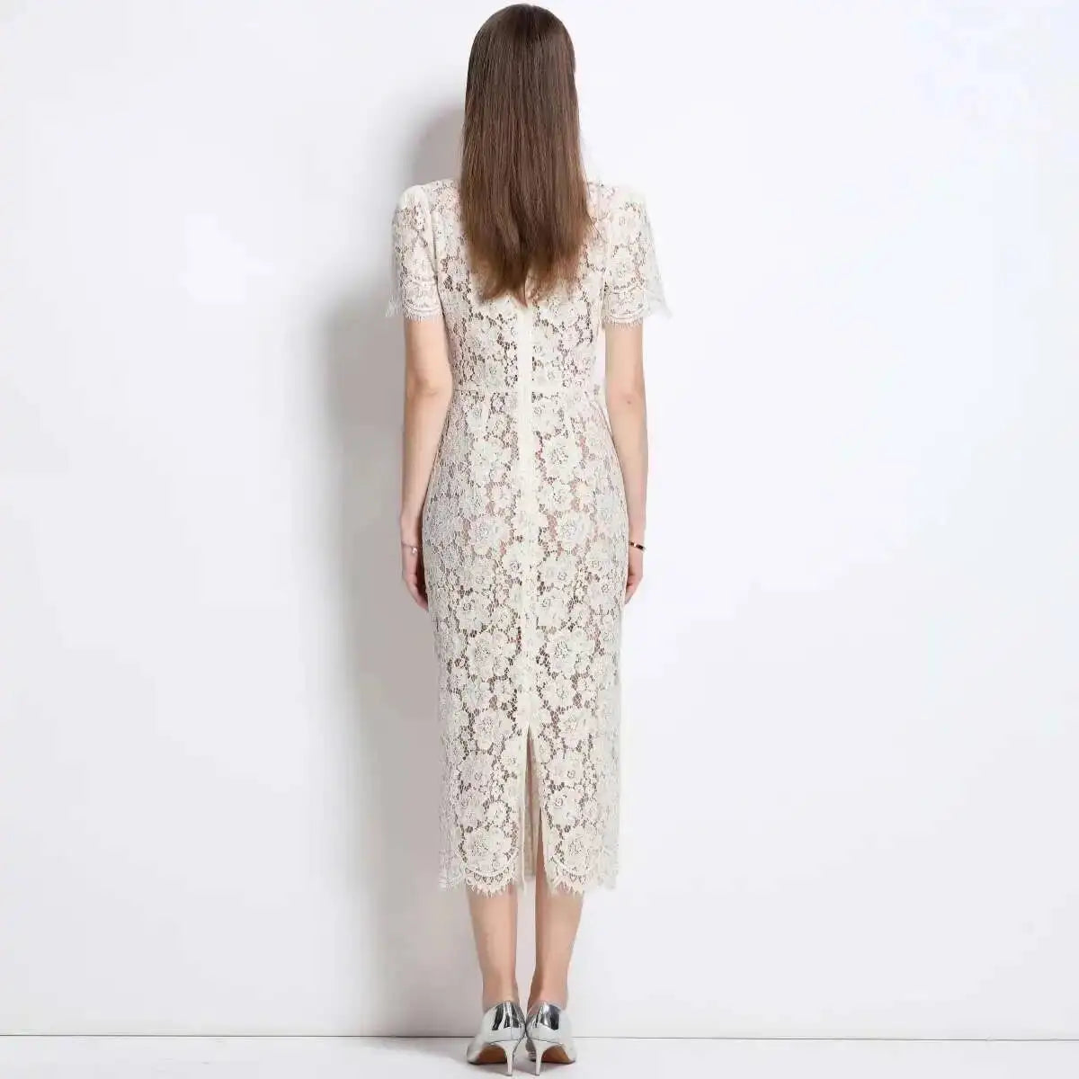 Lace Bodycon Midi Dress Women | Short Sleeve V Neck Elegant Party Dress