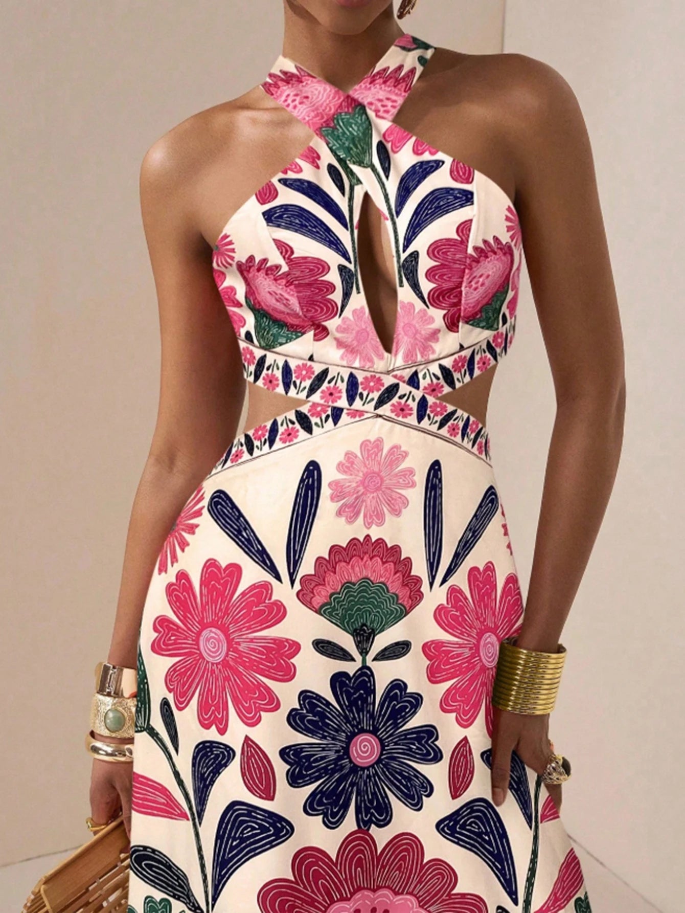 Floral Print Halter Neck Maxi Dress Women | A Line Cut Out Evening Dress
