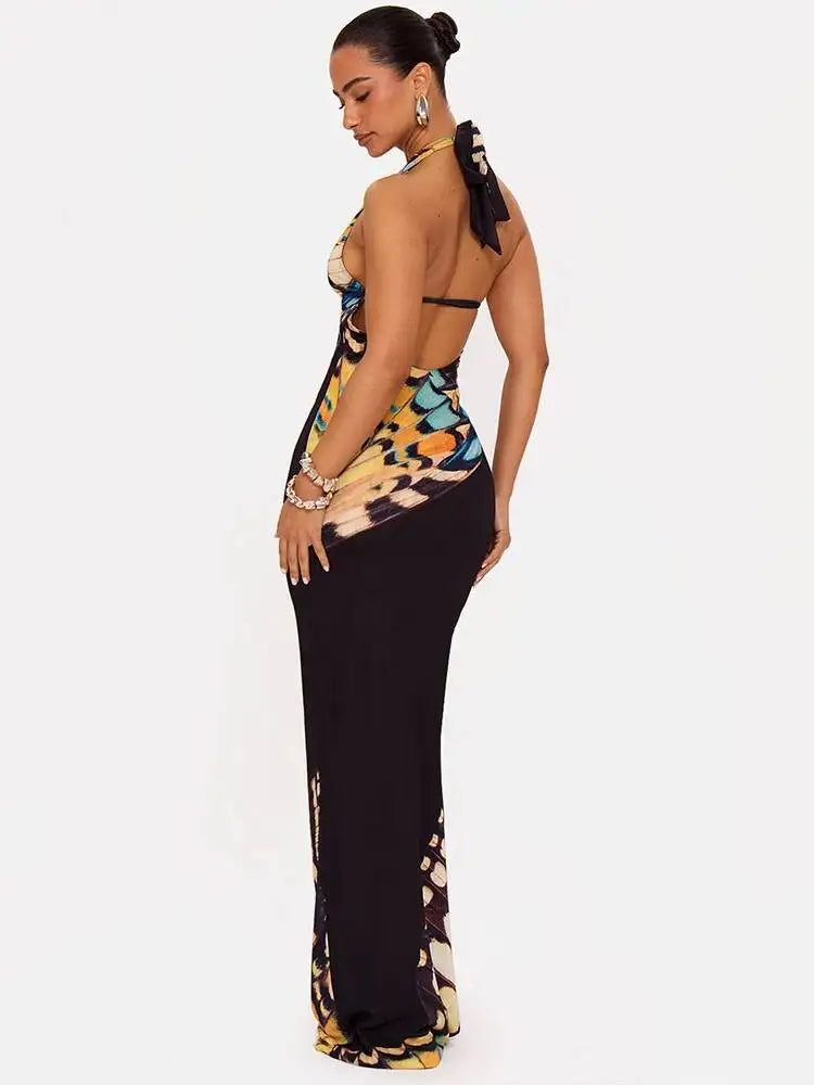 Women’s Butterfly Print Halter Maxi Dress | Backless Bodycon Evening Dress for Vacations, Parties & Resort Wear