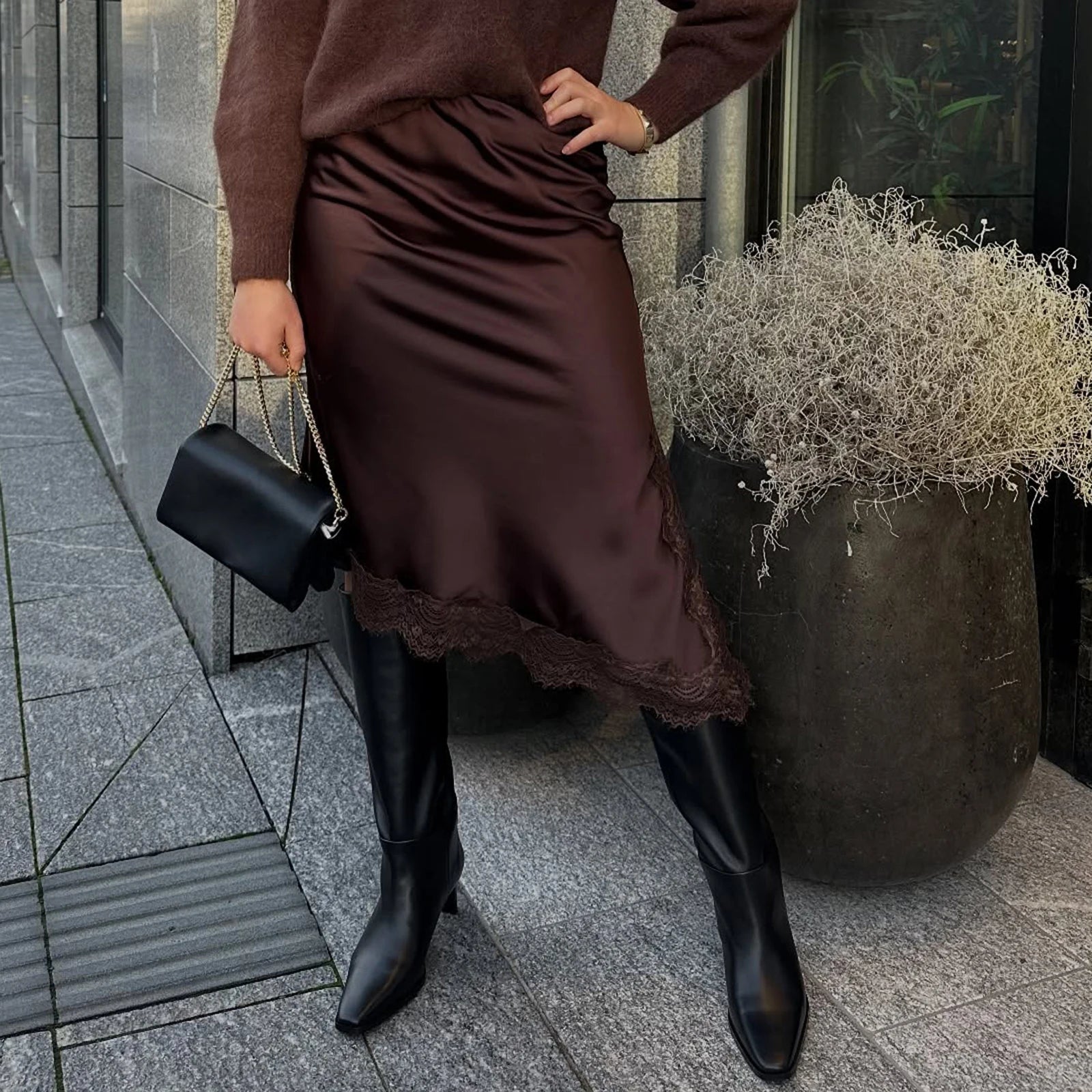 Women Lace Trim Satin Midi Skirt High Waist Asymmetrical Slip Skirt
