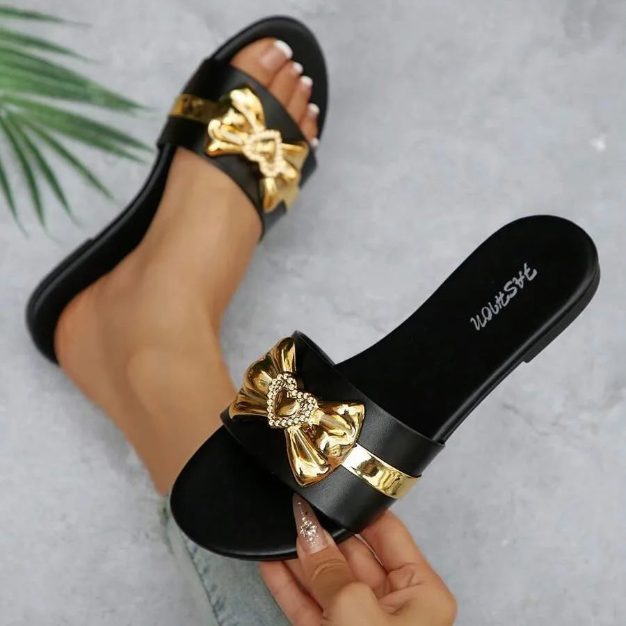 Women’s Gold Bow Slide Sandals – Elegant Flat Slip-On Slides for Casual, Vacation & Summer Wear
