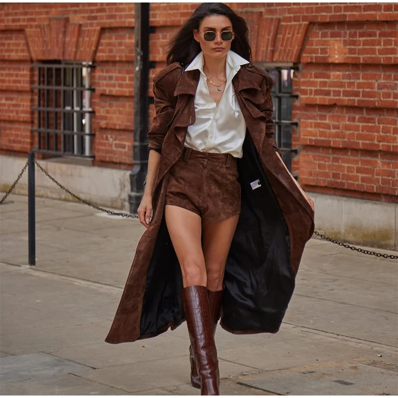 Women’s Vintage Brown Faux Leather Trench Coat | Long Belted Double Breasted Overcoat