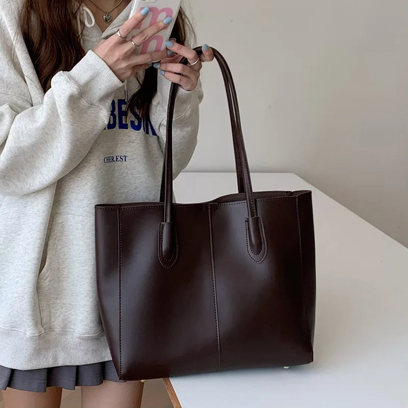 Luxury Leather Tote Bag for Women | Minimalist Shoulder Handbag | Large Capacity Everyday Office Purse | Elegant Vintage Shopper Bag