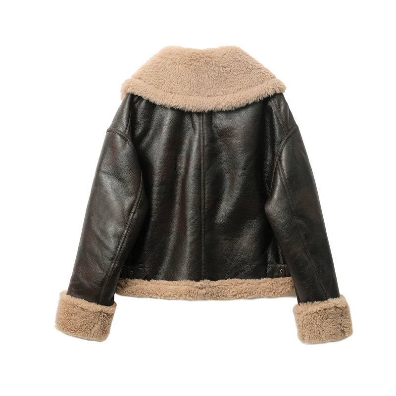 Women’s Faux Shearling Aviator Jacket | Oversized Black Faux Leather Teddy Biker Coat