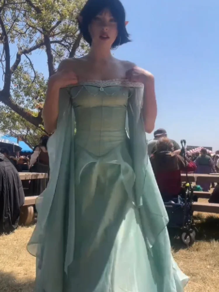 Women’s Sage Green Off Shoulder Princess Ball Gown | Corset Maxi Dress with Cape Sleeves for Prom, Renaissance Fair & Formal Events