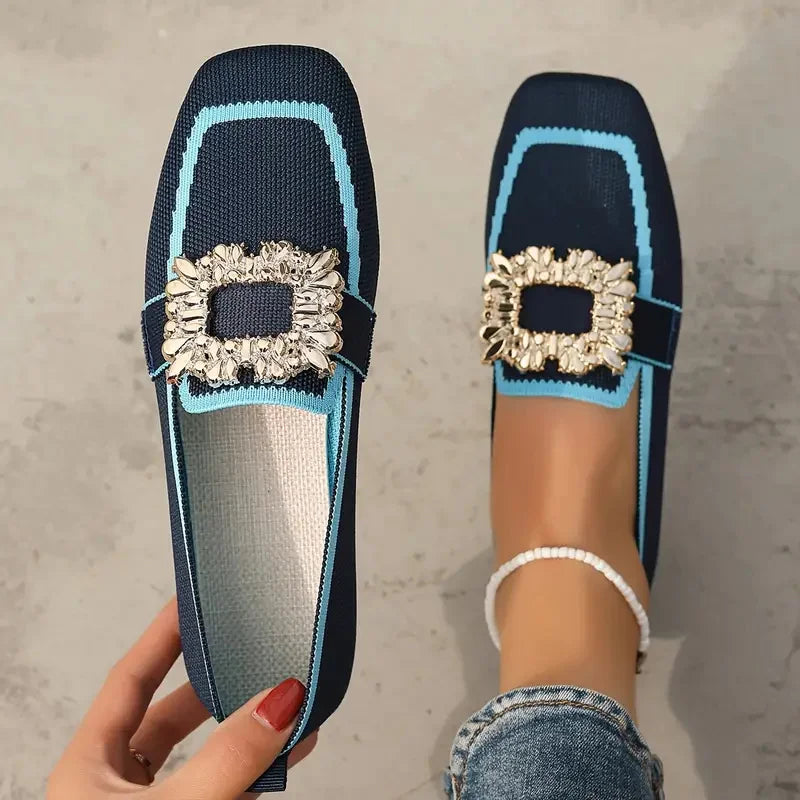 Women’s Embellished Loafer Flats – Elegant Square Toe Slip-On Shoes for Casual, Office & Party Wear