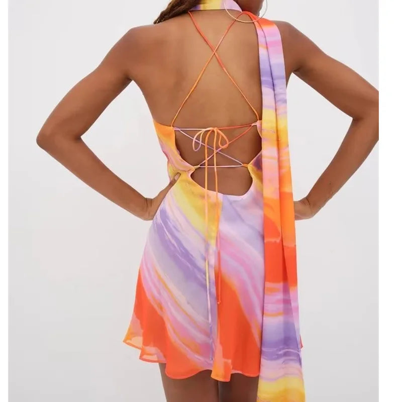 Orange Abstract One Shoulder Mini Dress | Summer Party Dress