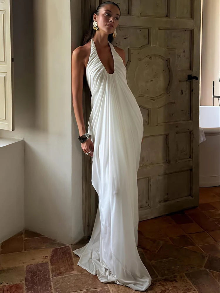 Women’s White Grecian Halter Maxi Dress | Elegant Draped Backless Evening Gown for Weddings & Resort Wear