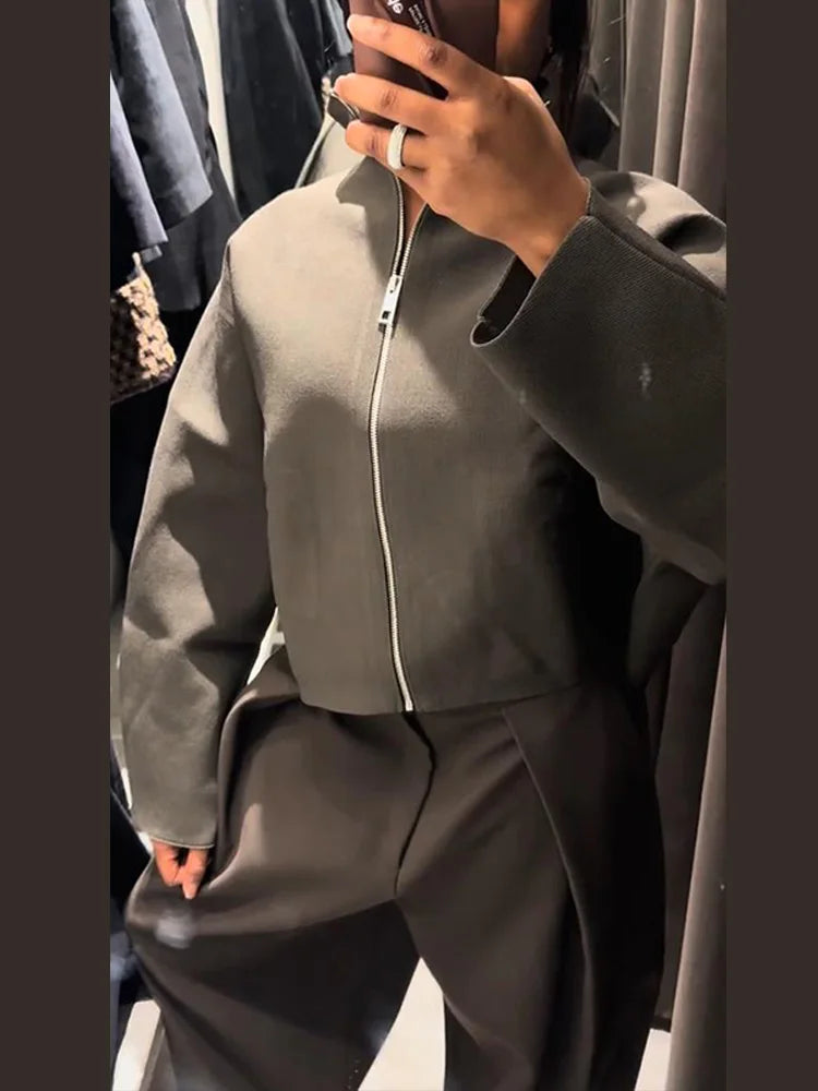 Women’s Cropped Oversized Jacket | Minimalist Zip-Up Bomber Coat