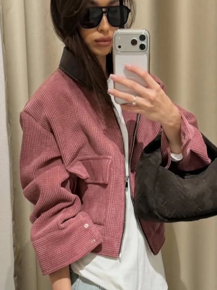 Women’s Vintage Corduroy Jacket | Casual Zip-Up Oversized Bomber Coat