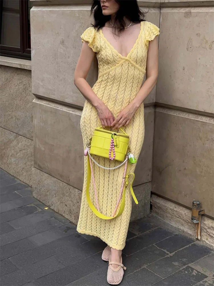 Women’s Cable Knit Maxi Dress | Ruffle Sleeve V-Neck Sweater Dress for Spring, Vacation & Elegant Casual Wear