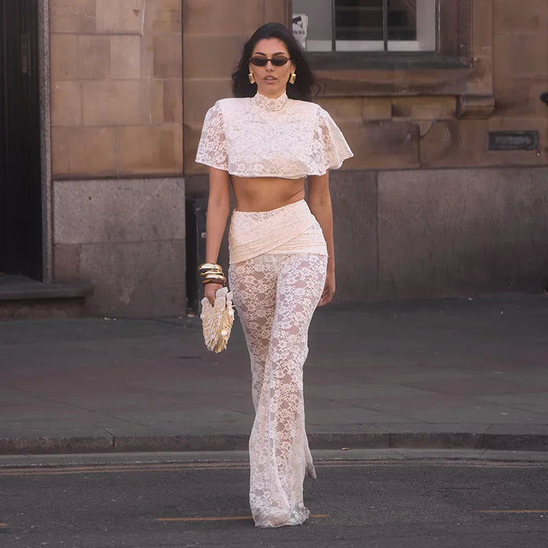 Women's Floral Lace Crop Top & High Waist Flared Trousers Co-Ord Set | Elegant Occasion Two Piece Outfit