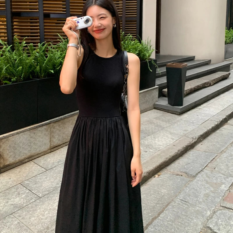 Women’s Black Sleeveless Maxi Dress | Minimalist A-Line Pocket Dress for Casual, Vacation & Everyday Elegance