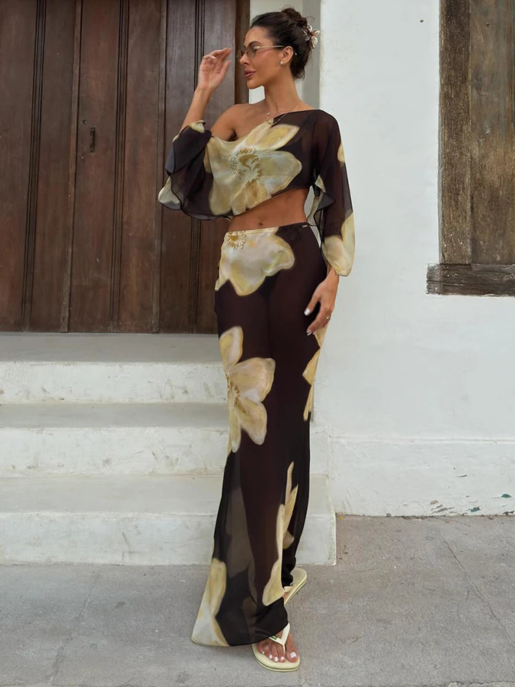 Women's One Shoulder Crop Top & Maxi Skirt Co-Ord Set | Floral Print Resort Two Piece Outfit