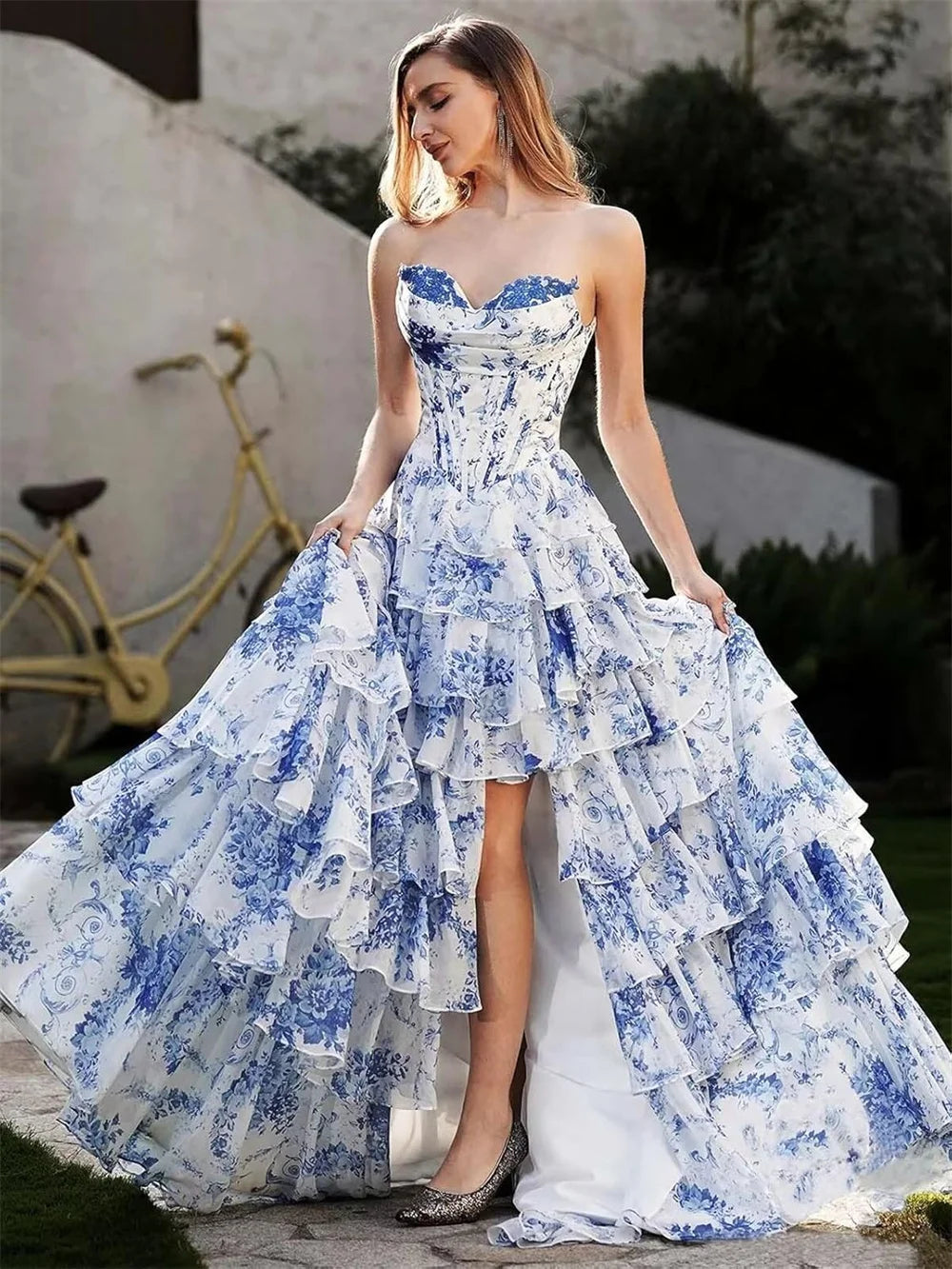 Floral Ruffle Maxi Dress Women | Strapless Layered Evening Party Dress
