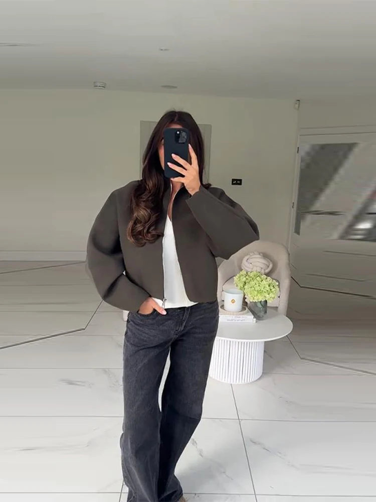 Women’s Cropped Oversized Jacket | Minimalist Zip-Up Bomber Coat