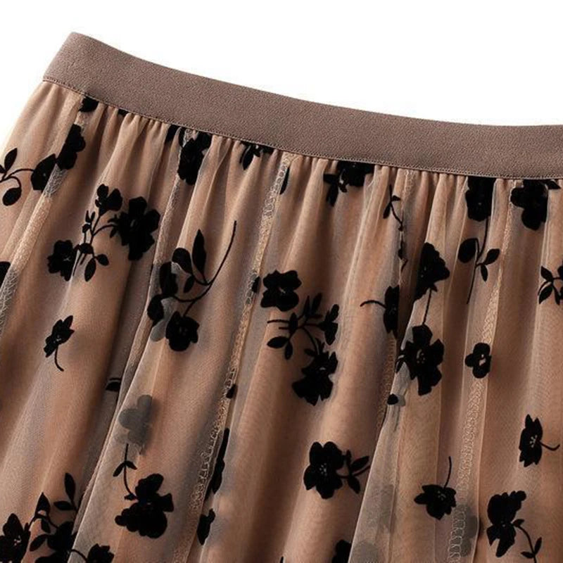 Women Floral Embroidered Tulle Maxi Skirt High Waist Mesh A Line Skirt