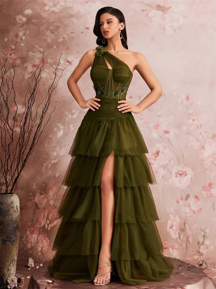 Women’s Olive Green One Shoulder Tiered Tulle Evening Gown | Beaded Waist Formal Maxi Dress with High Slit for Prom, Galas & Weddings