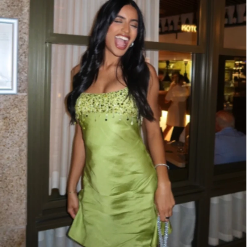 Women’s Lime Green Sequin Satin Mini Dress | Sparkly Fringe Bodycon Party Dress for Clubwear & Vacation Nights