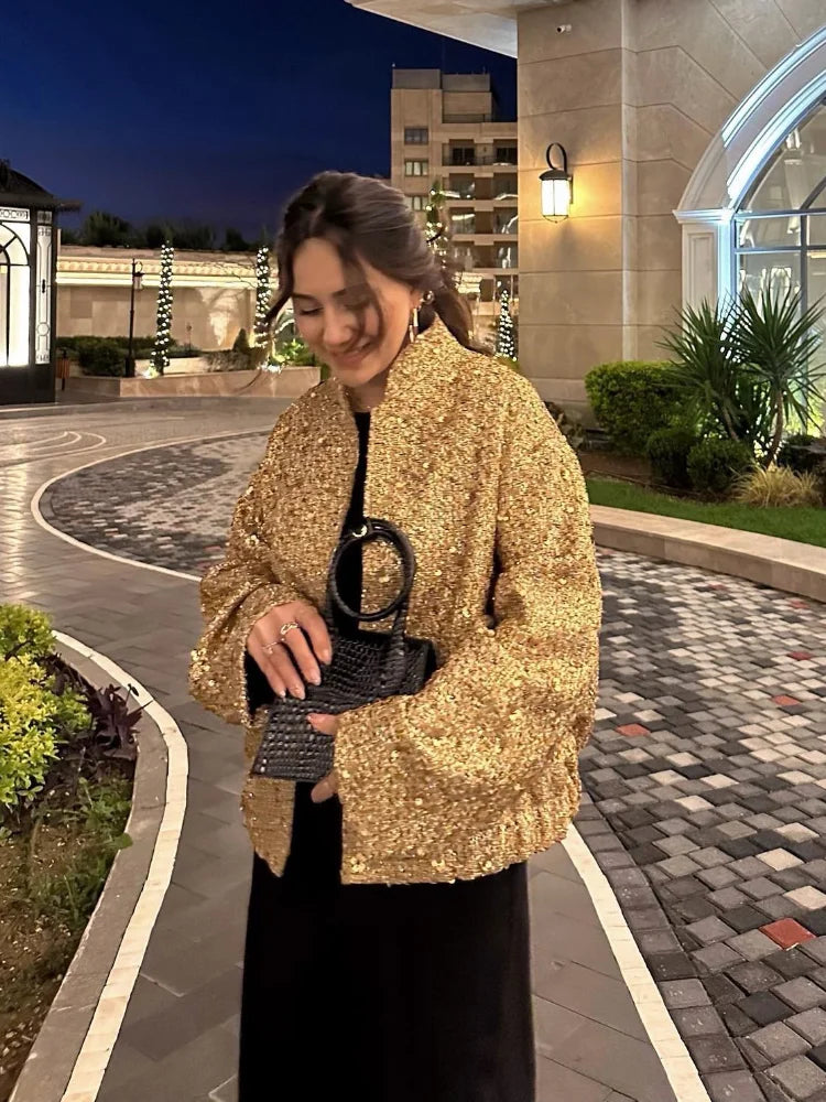 Women’s Gold Sequin Bomber Jacket | Glam Sparkly Cropped Party Puffer Coat