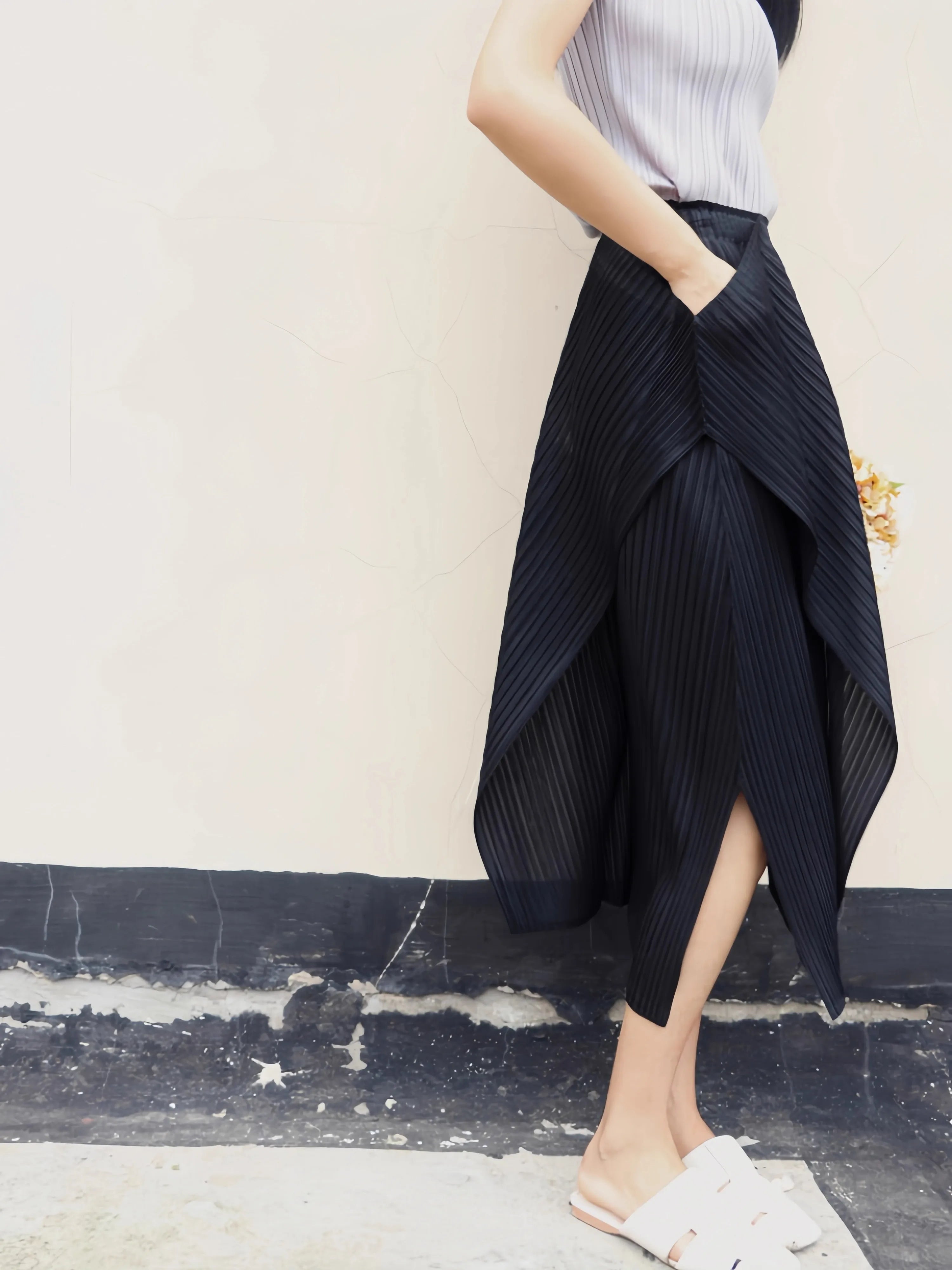 Women Pleated Midi Skirt High Waist Wrap Style Elegant Office Wear Skirt