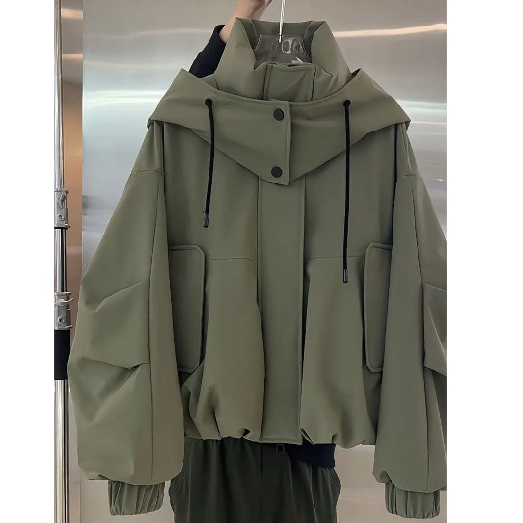 Women’s Oversized Hooded Softshell Jacket | Sage Green Zip-Up Windproof Outdoor Jacket with Stand Collar for Travel, Hiking & Casual Wear