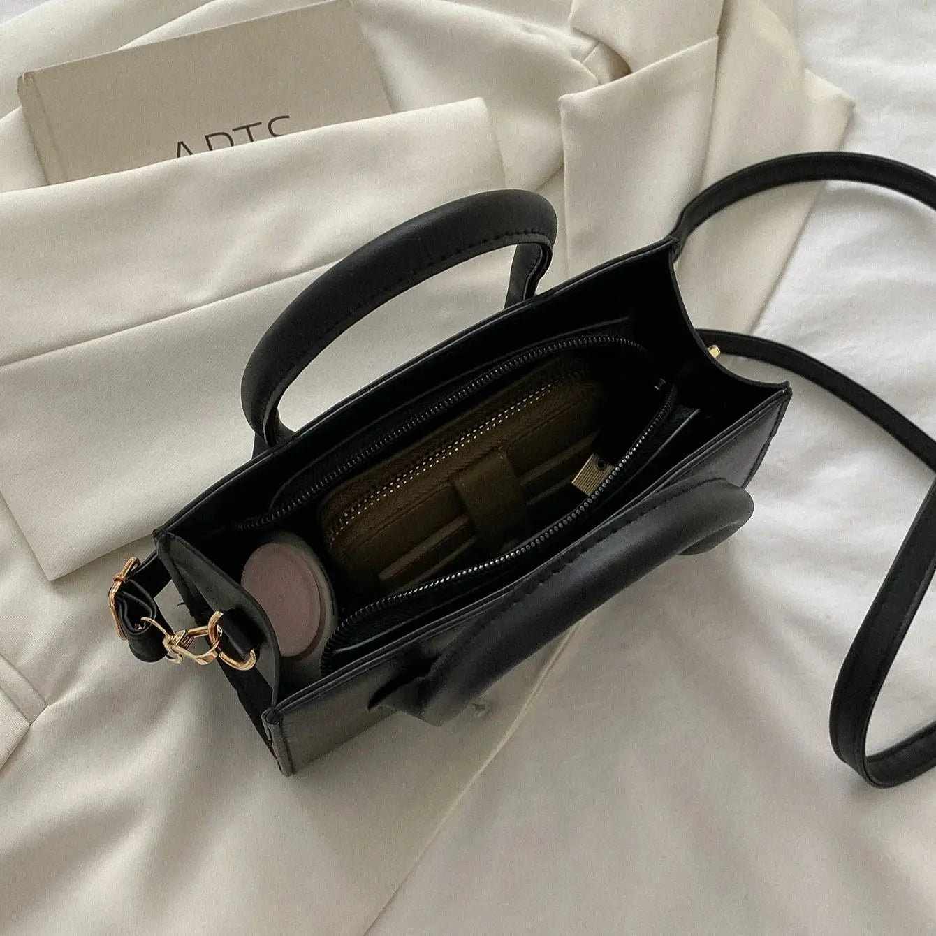 Black Mini Top Handle Handbag for Women | Structured Crossbody Satchel Purse | Elegant Leather Shoulder Bag