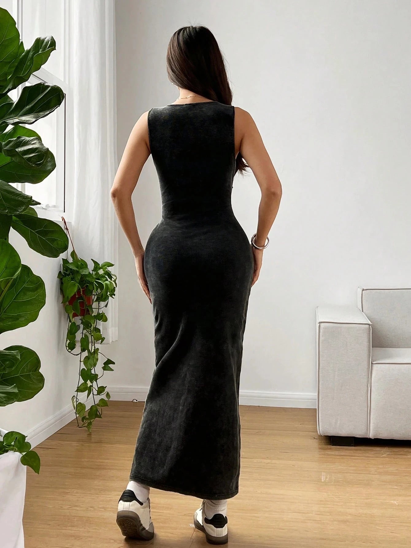 Washed Black Bodycon Midi Dress | Casual Street Style Dress