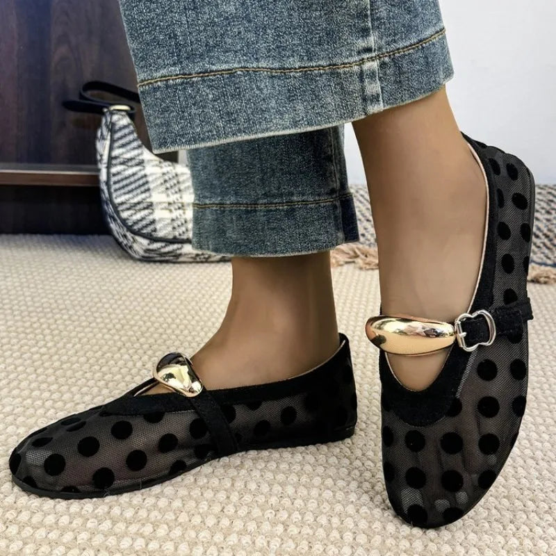 Women’s Polka Dot Mary Jane Ballet Flats – Buckle Strap Slip-On Shoes for Casual, Office & Everyday Wear