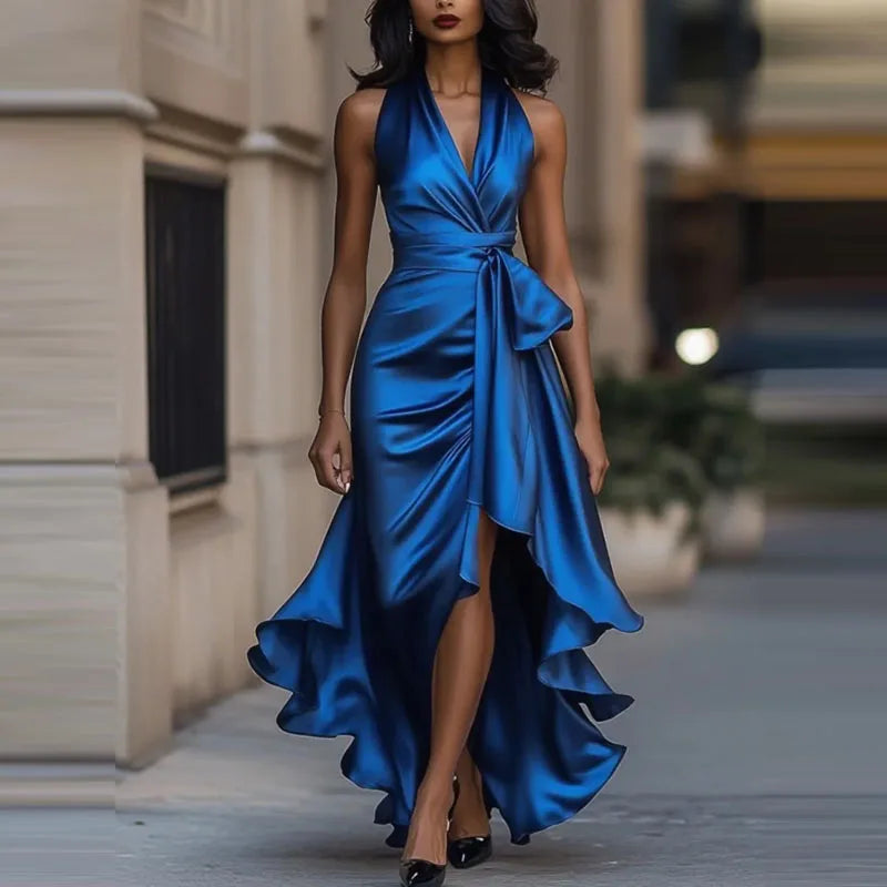 Satin Halter Neck Maxi Dress with High Low Hem | Elegant Evening Dress
