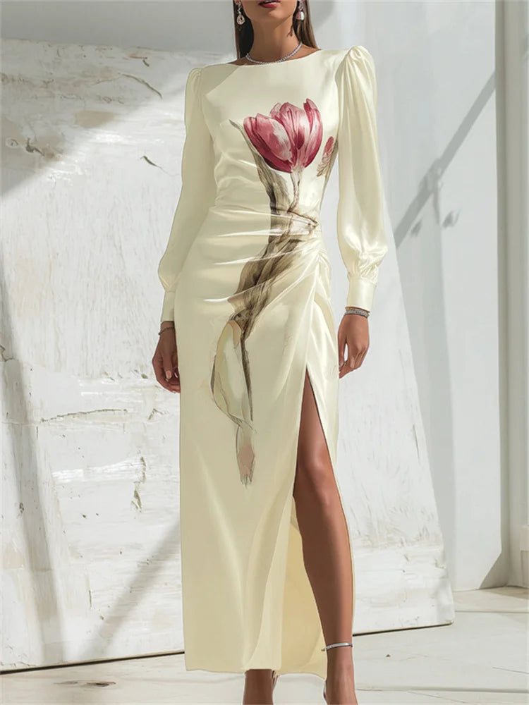 Floral Bodycon Midi Dress Women | Long Sleeve High Slit Elegant Dress