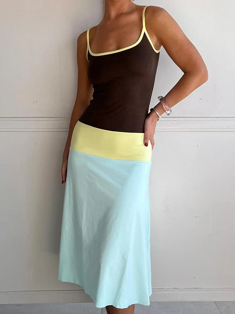 Women’s Color Block Slip Midi Dress | Brown & Mint Contrast A-Line Summer Dress