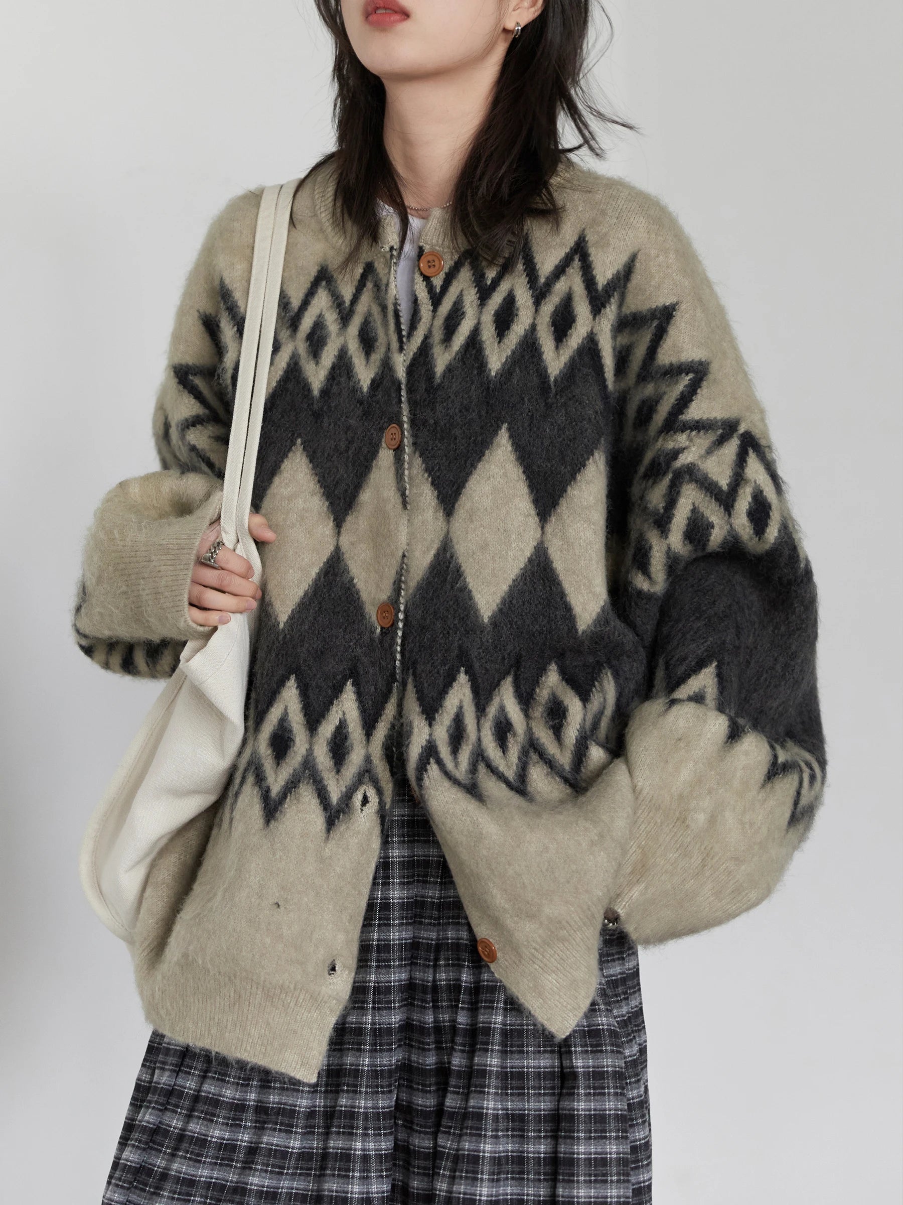Women’s Oversized Argyle Knit Cardigan | Vintage Geometric Pattern Button-Up Cozy Sweater Jacket