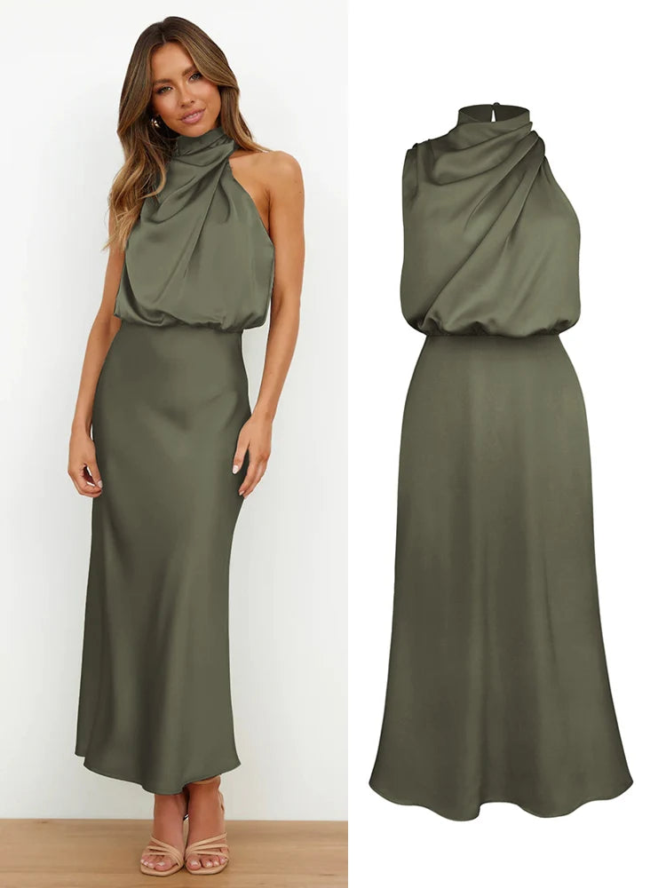 High Neck Satin Maxi Dress Women | Sleeveless Elegant Evening Dress