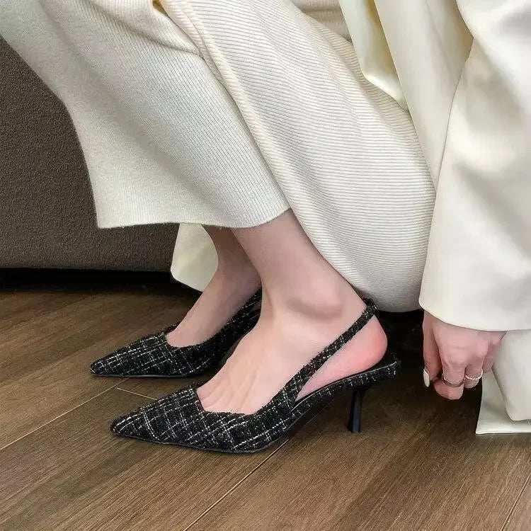 Women’s Tweed Slingback Heels – Elegant Pointed Toe Pumps for Office, Party & Occasion Wear