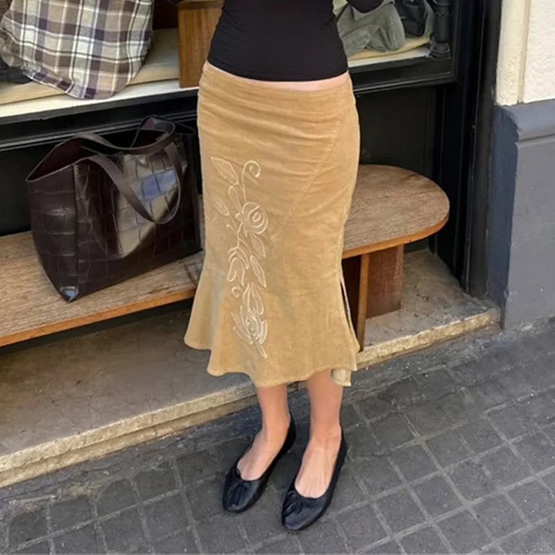 Women Vintage Embroidered Midi Skirt High Waist Elegant A Line Skirt