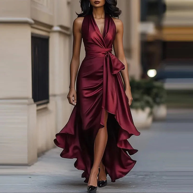 Satin Halter Neck Maxi Dress with High Low Hem | Elegant Evening Dress