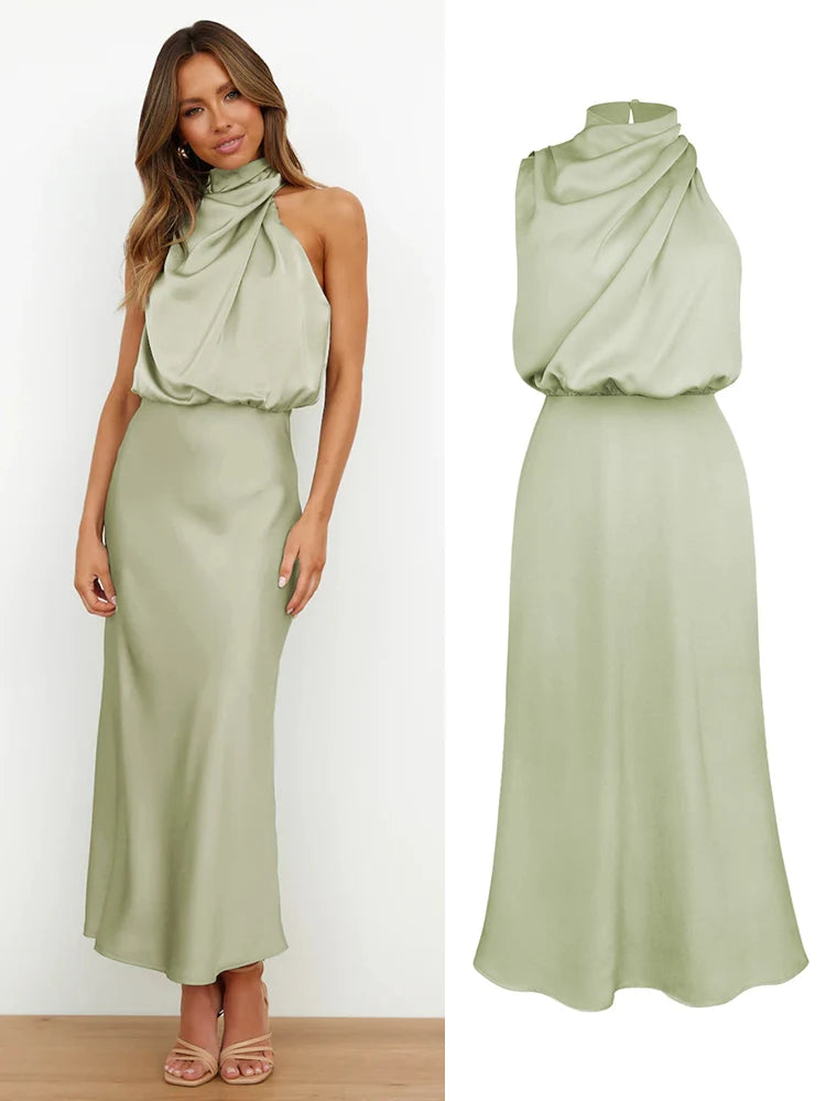 High Neck Satin Maxi Dress Women | Sleeveless Elegant Evening Dress