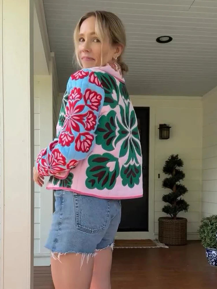 Women’s Boho Floral Quilted Jacket | Colorful Vintage Patchwork Lightweight Coat