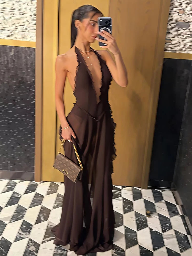 Women’s Chocolate Brown Halter Maxi Dress | Deep Plunge Backless Beach Vacation & Resort Gown