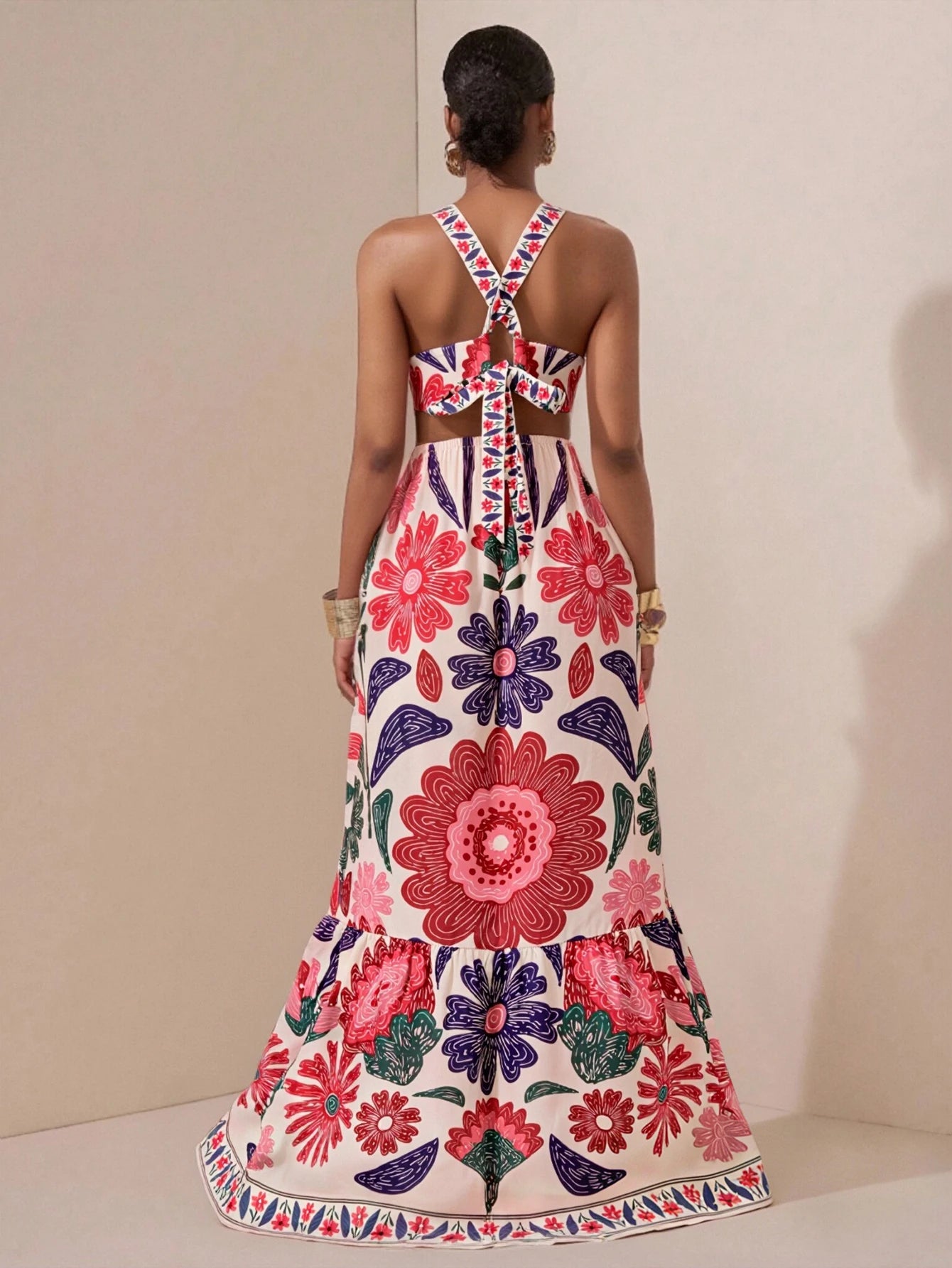 Floral Print Halter Neck Maxi Dress Women | A Line Cut Out Evening Dress