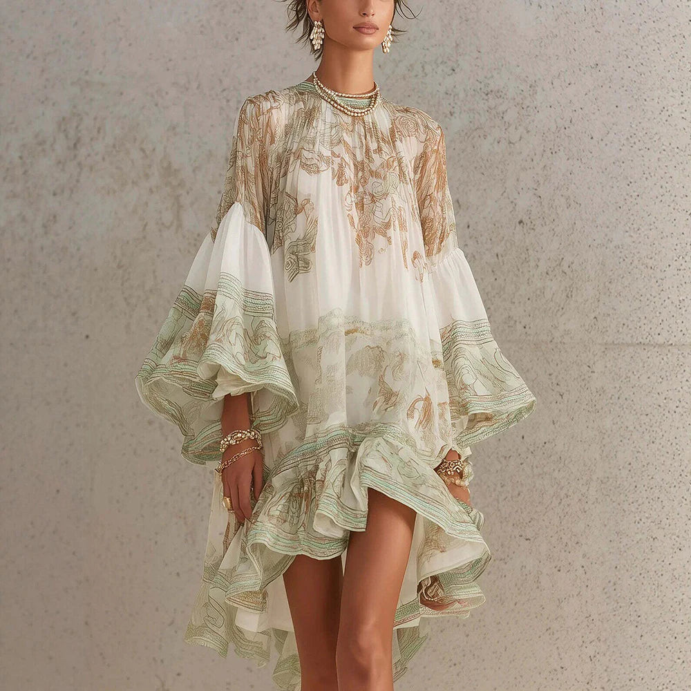 Women’s Boho Floral High-Low Mini Dress | Oversized Chiffon Ruffle Dress with Balloon Sleeves for Beach Vacations & Resort Wear