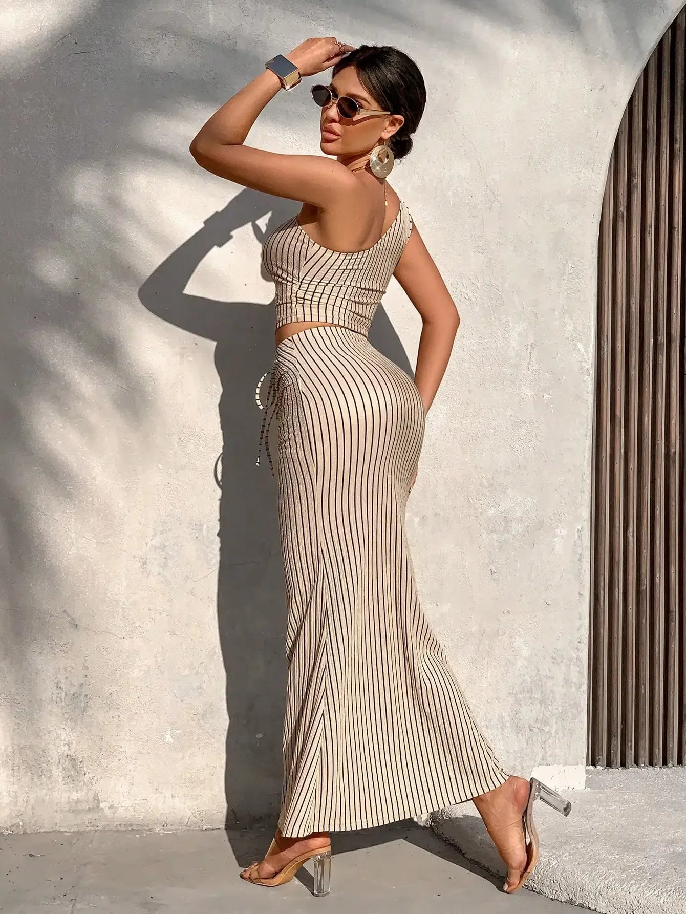 Women's One Shoulder Crop Top & Tie Waist Skirt Co-Ord Set | Striped Bodycon Two Piece Outfit