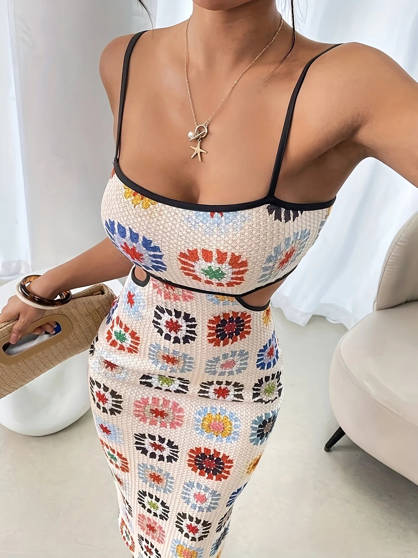 Floral Bodycon Midi Dress Women | Spaghetti Strap Cut Out Summer Dress