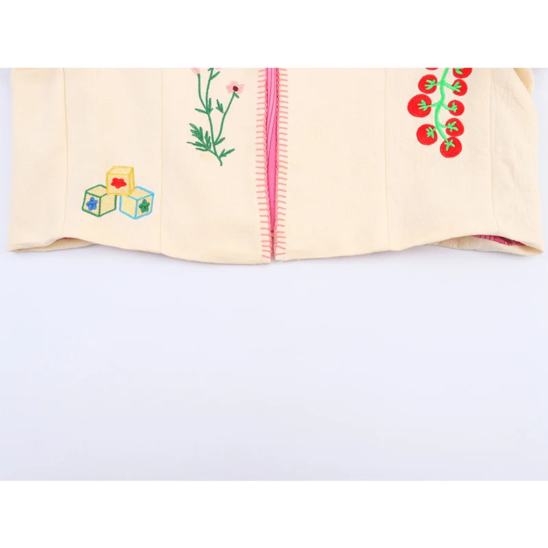 Women’s Embroidered Cropped Jacket | Vintage Cream Artistic Floral Casual Statement Coat