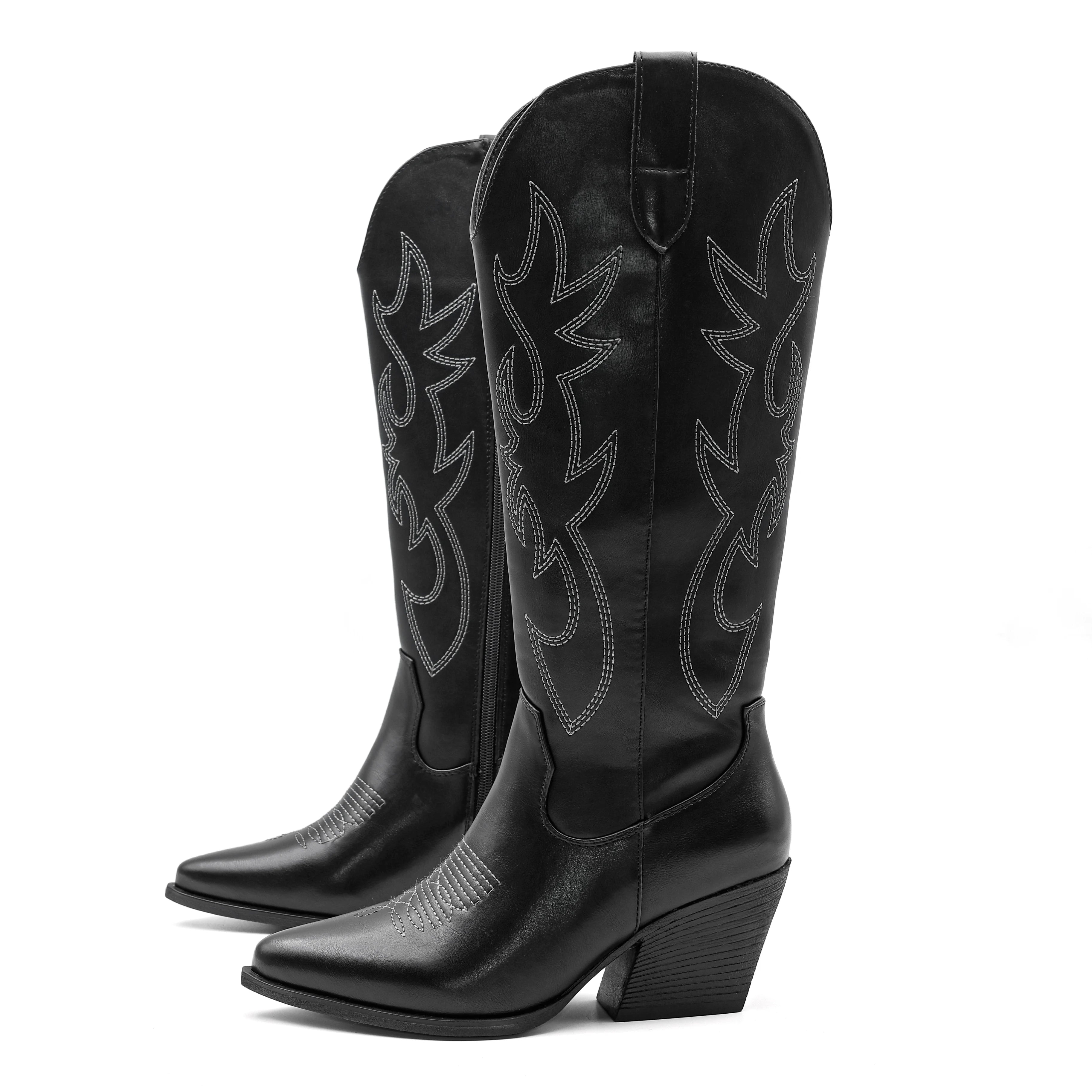 Women’s Denim Cowboy Boots – Embroidered Western Mid-Calf Boots for Casual, Festival & Streetwear Fashion